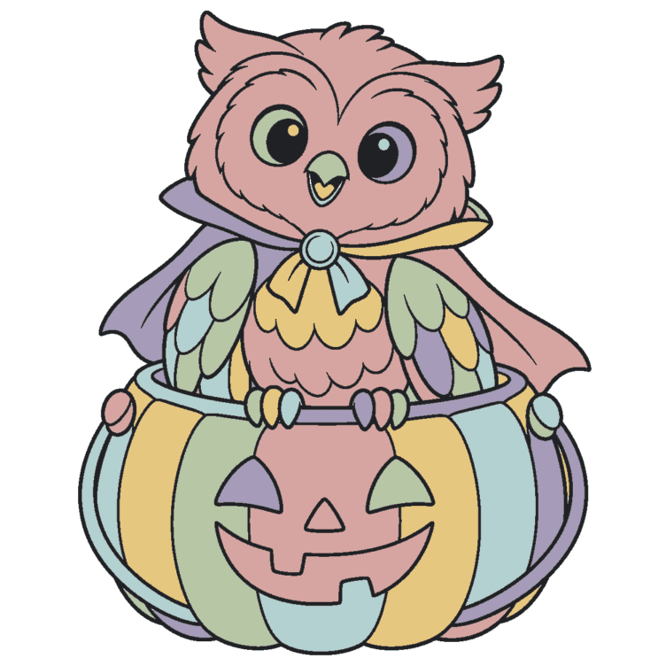 A little owl with a colorful pumpkin pocket